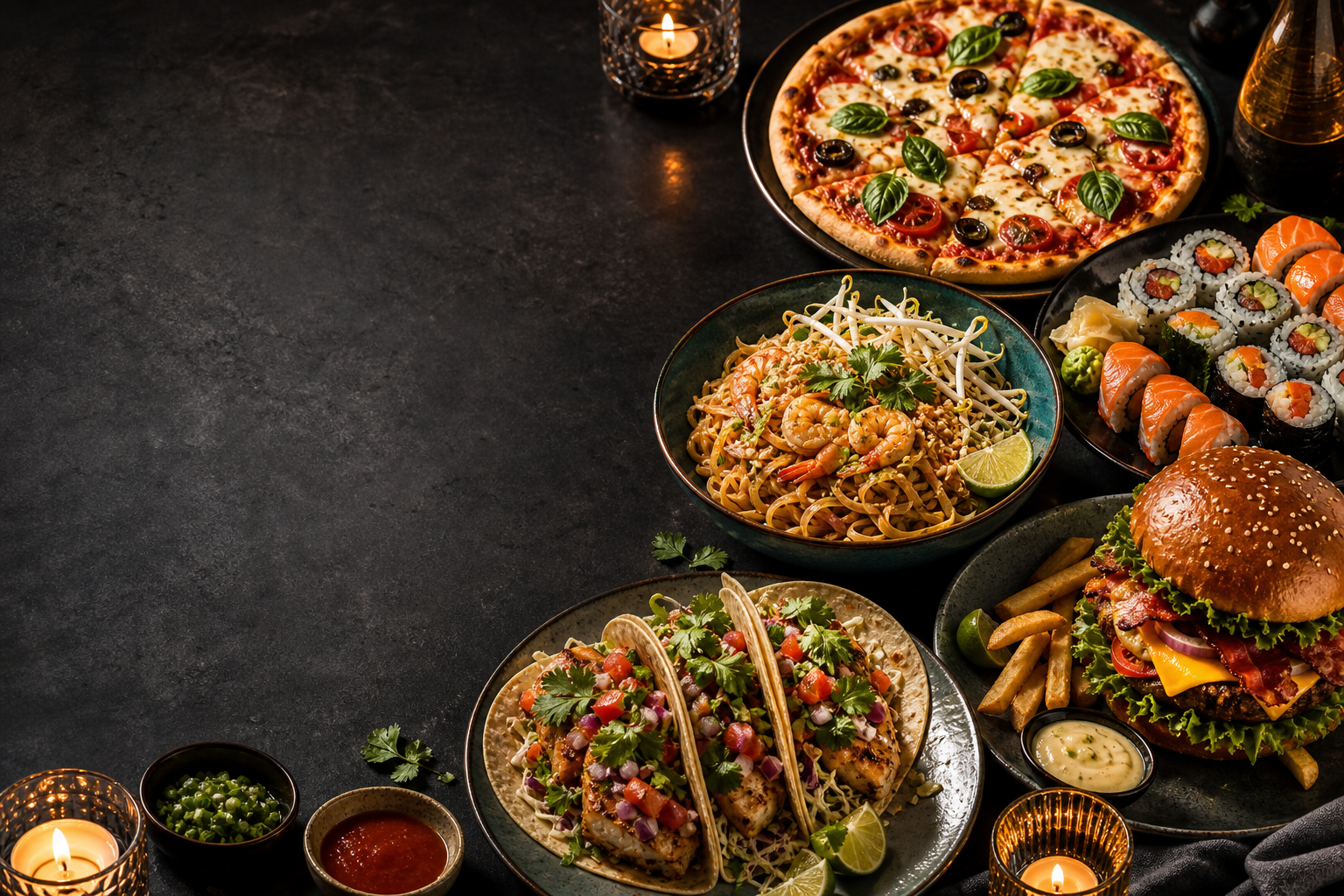 Dinner table with pizza, sushi, tacos, noodles, and a burger